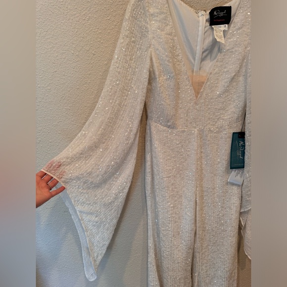 NWT $498 Mac Duggal Long Sleeve Sequin Chiffon Jumpsuit white bridal‎ beaded - Picture 5 of 8
